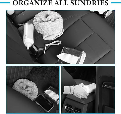 Car Seat Back Organizer with 2 Drink Cup Holder, Headrest Rear Seat Storage Organizer with Tissue Box and Hook, Multi-Functional Backseat Hanging Storage Box for Kids Travel (Black)