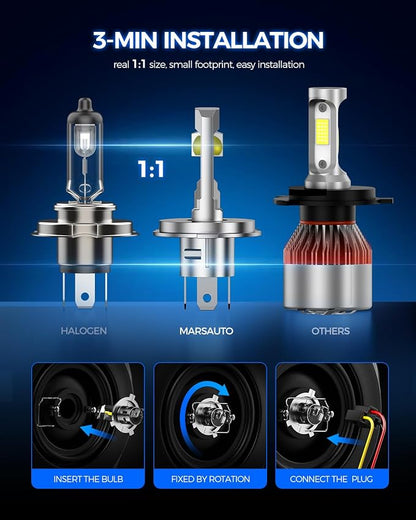 Marsauto H4 LED Bulbs, 1200% Brightness 70000LM, 6500K Cool White, 1:1 Mini Halogen Size, 8-Hole Adjustable Ring for Perfect Beam, CANbus Ready, Plug and Play, Pack of 2