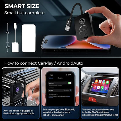 Wireless CarPlay Adapter for iPhone/Android - Plug & Play, Fast Bluetooth 5.3, Auto-Connect for Built-in Wired CarPlay Cars, iOS 10+/Android 11+ (Black)