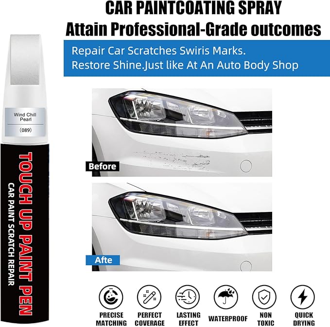 Wind Chill Pearl Tricoat(089) Car Touch Up Paint for Toyota 2-in-1 Car Scratch Repair Pen with Fine Tip&Brush, DIY Color-Code Matched Auto Paint for Rock Chips Door Scratches Paint Nicks Bumper Marks