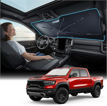 Nmoiss Windshield Sun Shade Umbrella for Ram - [Vinyl Coating Heat Shield] Protect Car from Sun Rays & Heat Damage Keep Cool and Protect Interior, Spring Structure Edge