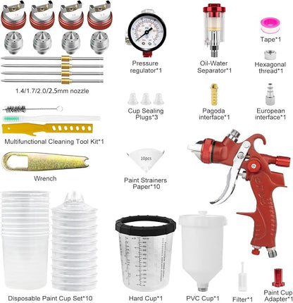 HVLP Gravity Feed Air Spray Gun with 650ml Mixing Cup& 10x Disposable Cups, 1.4/1.7/2.0/2.5mm Nozzles, Automotive Paint Sprayer Gun for House Painting, Car, Furniture, Fence, Varnish& Top Coat