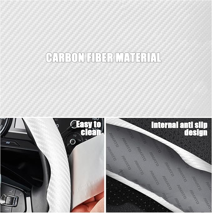 3 Piece Carbon Fiber Steering Wheel Cover,Car Steering Wheel Protector with Non-Slip Lining,Breathable Microfiber Universal for 14.5-15 inch,White