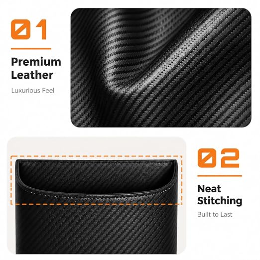 COZILO Leather Car Trash Can – Leakproof & Easy-to-Clean Car Garbage Can for Luxury Cars, SUVs & Trucks | Includes 60 Custom Liners, Secure Hook, Easy Install, Carbon Fiber