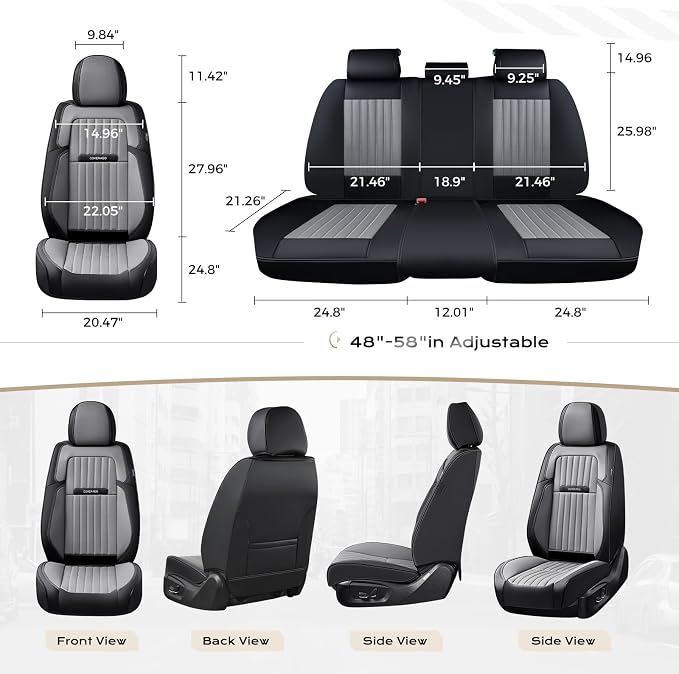 Coverado Car Seat Covers Full Set, Seat Covers for Cars, Car Seat Cover, Car Seat Protector, Leather Car Seat Cushion, Waterproof Car Seat Covers Front Seats and Back Fit for Most Cars(Black&Gray)