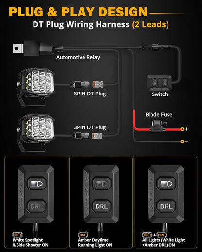 Auxbeam 5 Inch LED Pod Offroad Lights, 168W Super Bright Cube Pods Spot Flood Combo Driving Lights with Side Shooter, V-MAX Series Amber DRL Ditch Work Light with Yellow Cover for Truck Jeep SUV ATV