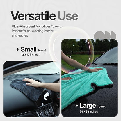 Crystal Clean 1300GSM Microfiber Towels for Cars – XL Drying Towel with Double Twisted Loop, Professional Detailing Towel Car Detailers - Quick Dry, Paint Safe & Swirl-Free (2 Pack Green)