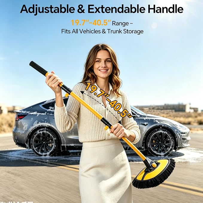 7-in-1 Car Wash Kit with 20L Collapsible Bucket, 15° Curved Mop with 40.5" Long Handle, 0.84mm Reinforced Aluminum Pole, Professional Car Cleaning Supplies for SUV, Trucks & RVs-Yellow.
