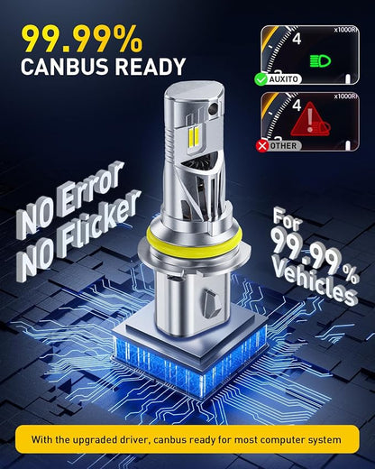 AUXITO 9007 HB5 Light Bulbs, 50000LM 6500K Cool White, Plug and Play CANbus Ready No Flicker, Pack of 2