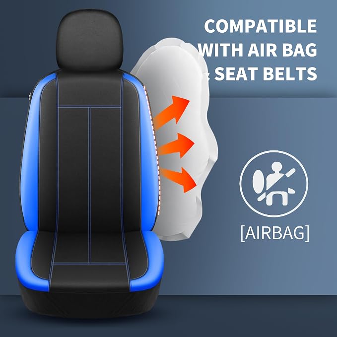 HChengkikz Car Seat Covers Front Seat, Waterproof Neoprene Car Seat Covers, Car Seat Cover Airbag Compatible, Universal Fit for Most Cars, Trucks, SUVs (Black + Blue)