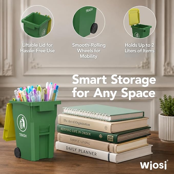 Wiosi Mini Garbage Trash Pen Holder for Desk, Pack of 2, Blue & Green, Tiny Recycle Bin Pencil Holder | Storage for Pencils & Pens | Office Stationery to Organize the Desk | Ideal for Student Work