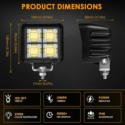4Inch 200W 15000LM LED Tractor Lights, IP68 Waterproof Shockproof 12/24V LED Work Lights for Truck, 150° Flood Beam Off Road Light Bar for UTV ATV SXS and Heavy-Duty Equipment, 2PCS (4 INCH)