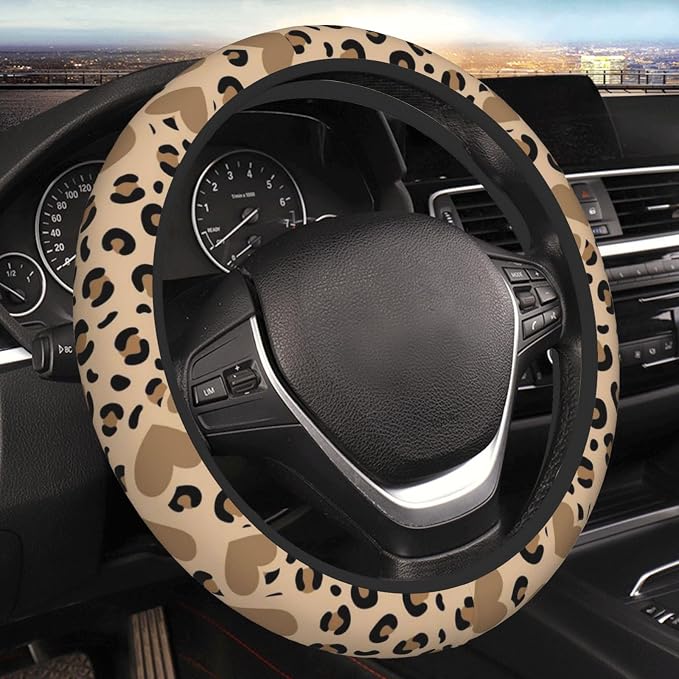 Car Steering Wheel Cover with Anti-Slip Lining, Universal 15 inch Wheel Cover, Fashion Car Interior Accessories for Women Men - Brown Heart Leopard Cheetah