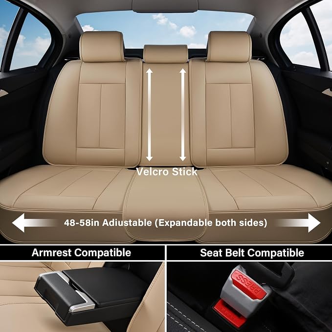 Car Seat Covers Full Set, Beige Seat Covers for Cars, Automotive Seat Covers, Waterproof Nappa Leather Front Seats and Back Car Seat Protector, Universal Fit for Most Cars SUV Trucks