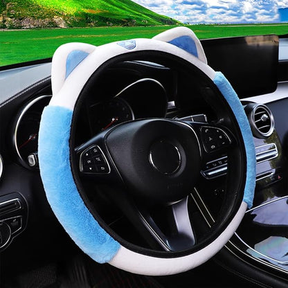 Bittwee Car Steering Wheel Cover, Fluffy Soft Plush for Winter Warm, Cute Steering Wheel Protector with Kitty Cat Ears, Universal 15 Inch, Elastic & Anti-Slip, Lovely Decor Car Accessories (Blue)