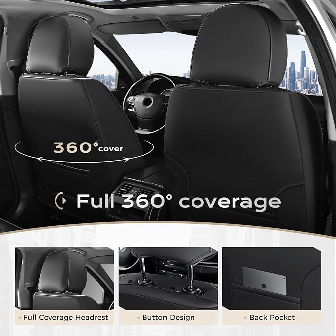 Coverado Car Seat Covers Full Set, Black Seat Cover with Lumbar Support, Luxury Leather Seat Covers for Front and Back, Waterproof Car Seat Protector Car Seat Cushion Universal Fit for Most Vehicles