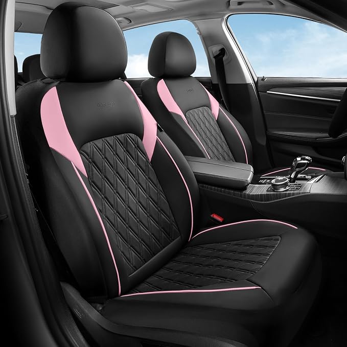 Coverado Leather Seat Covers, Waterproof Car Seat Covers Front Seats, Luxury Front Car Seat Covers Faux Leather Car Seat Protector, Automotive Car Seat Covers Universal Fit Most Cars Truck, Black&Pink