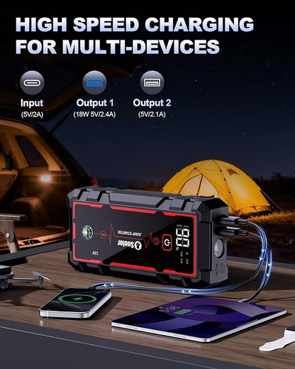 Jump Starter, Battery Jumper Starter Portable, Car Battery Jump Starter with 3 Modes Flashlight, Compass, Power Bank and Jumper Cable