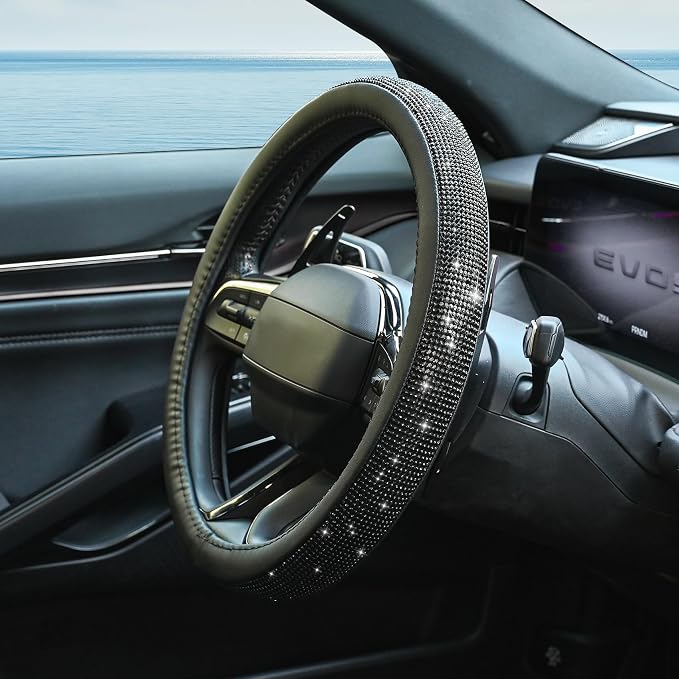 New Diamond Leather Steering Wheel Cover with Bling Bling Crystal Rhinestones, Universal Fit 15 Inch Car Wheel Protector for Women Girls Black Diamond