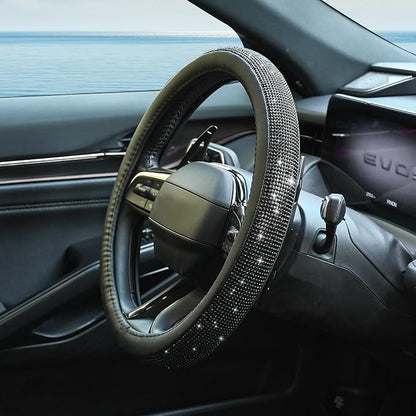 New Diamond Leather Steering Wheel Cover with Bling Bling Crystal Rhinestones, Universal Fit 15 Inch Car Wheel Protector for Women Girls Black Diamond