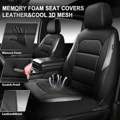 CAR PASS Memory Foam Car Seat Covers Full Set,Breathable Mesh Thick Seat Covers for Car,Gray Metal Film Leather Seat Covers,Universal Automotive Comfort for Most Car,Truck,Airbag Compatible,Black Gray