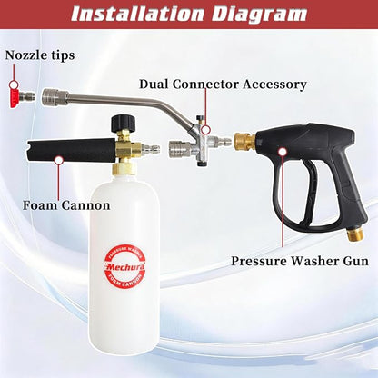 Foam Cannon Kit for Car Wash, Short Pressure Washer Gun with 1L Foam Cannon, Dual Connector Accessory – 1/4" Quick Connect, 5 Nozzle Tips, 3600 PSI, 2.5 GPM