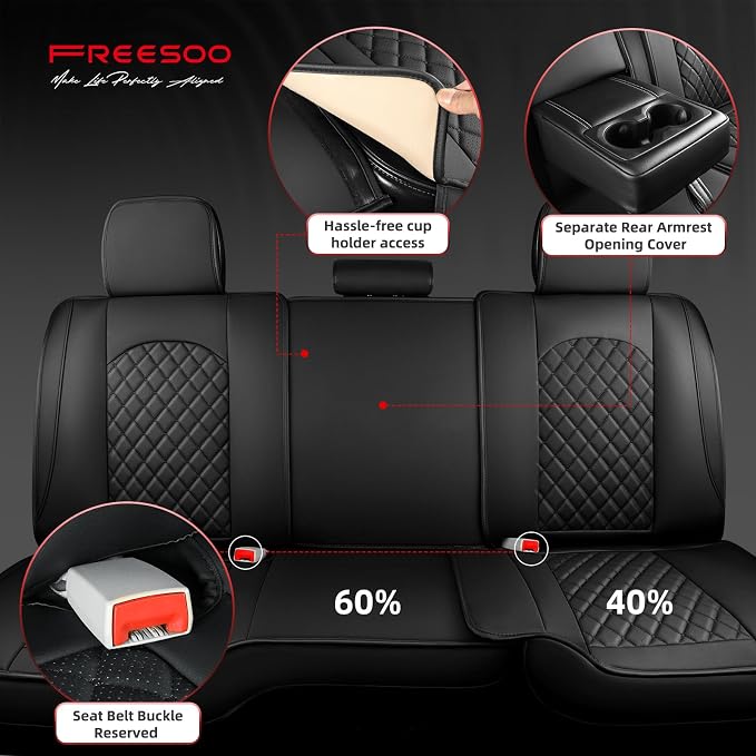 FREESOO Car Seat Covers Full Set for Dodge Ram 2002-2018 1500 & 2011-2026 2500 3500 Crew Quad Cab, 2019-2024 Ram 1500 Classic Leather Seat Cover, with Curved Bench, Black