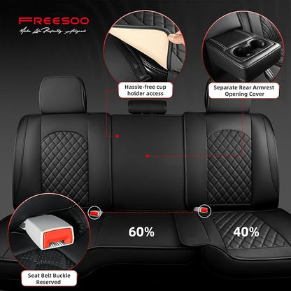 FREESOO Car Seat Covers Full Set for Dodge Ram 2002-2018 1500 & 2011-2026 2500 3500 Crew Quad Cab, 2019-2024 Ram 1500 Classic Leather Seat Cover, with Curved Bench, Black