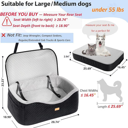 Dog Car Seat for Large Dogs up to 55lbs or 2 Small Dogs with 4" Memory Foam, Back Seat Medium Pet Booster Seat with Triple Safety Belts, Adjustable Leashes, Detachable/Washable (Black/Gray, Large)