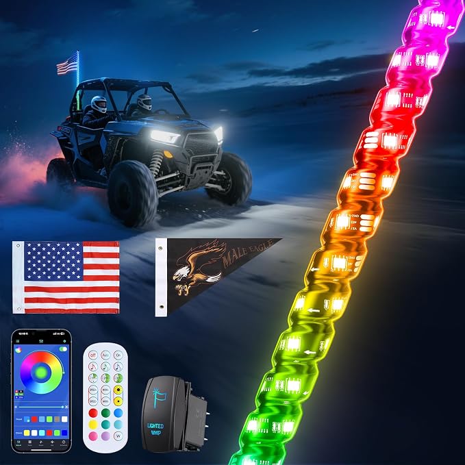 Ehaho 1 PC 5FT Whip Lights with Spring Base, APP & Remote Control Led Whip Lights for Side by Side, Spiral RGB Chasing Lighted Whips with Rocker Switch, Music Led Whips for UTV ATV RZR SXS Can-Am