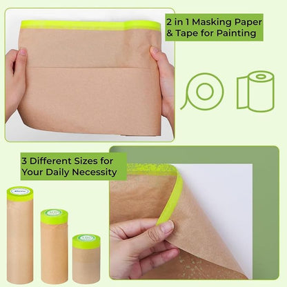 Pre-Taped Painting Masking Paper: 10 Rolls 12 Inch x 50 Feet Tape and Drape Painters Paper, Self-Adhesive Paint Protective Kraft Paper Roll