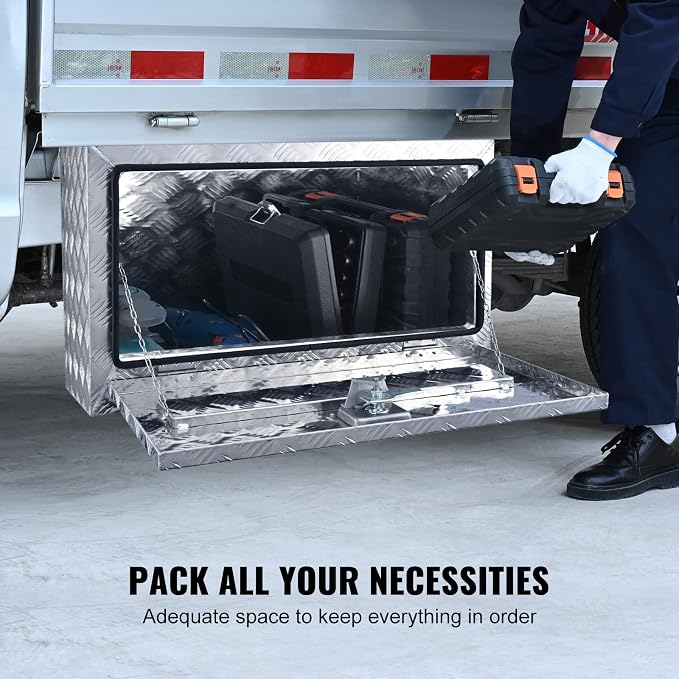 VEVOR Underbody Truck Box, 30"×14"×16" Pickup Storage Box, Heavy Duty Aluminum Diamond Plate Tool Box with Lock and Keys, Waterproof Trailer Storage Box with T-Handle Latch for Truck, Van, Trailer