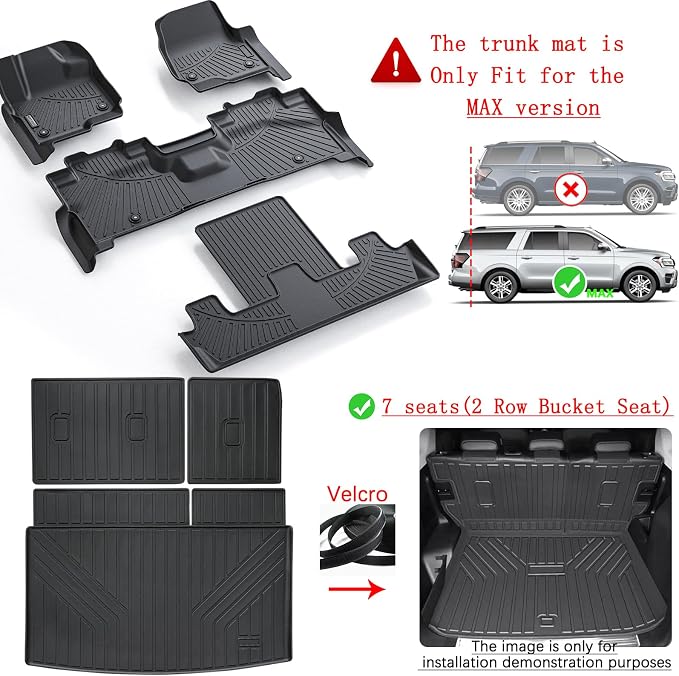 Floor Mats for Ford Expedition MAX 2018-2024 (Only Fit 7 Seats-2 Row Bucket Seat Non Short) & Trunk Mat All Weather Protection Floor Liners & Cargo Liners Velcro Covering The Backrest Accessories