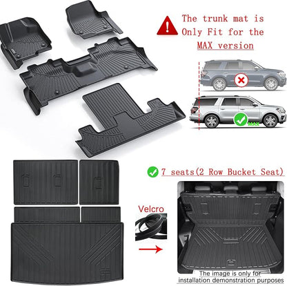 Floor Mats for Ford Expedition MAX 2018-2024 (Only Fit 7 Seats-2 Row Bucket Seat Non Short) & Trunk Mat All Weather Protection Floor Liners & Cargo Liners Velcro Covering The Backrest Accessories