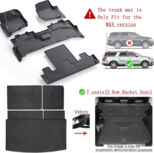 Floor Mats for Ford Expedition MAX 2018-2024 (Only Fit 7 Seats-2 Row Bucket Seat Non Short) & Trunk Mat All Weather Protection Floor Liners & Cargo Liners Velcro Covering The Backrest Accessories