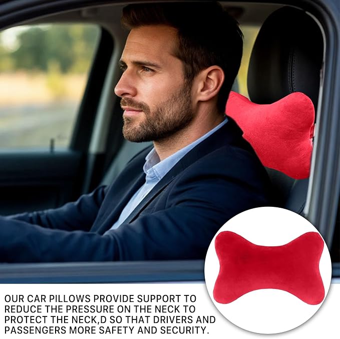 Car Headrest Pillow, Soft & Comfortable Memory Foam Car Neck Pillow for Driving Fatigue Relieve, Universal Cars Head Rest Pillows with Adjustable Strap, Car Interlor Accessorles (Red)
