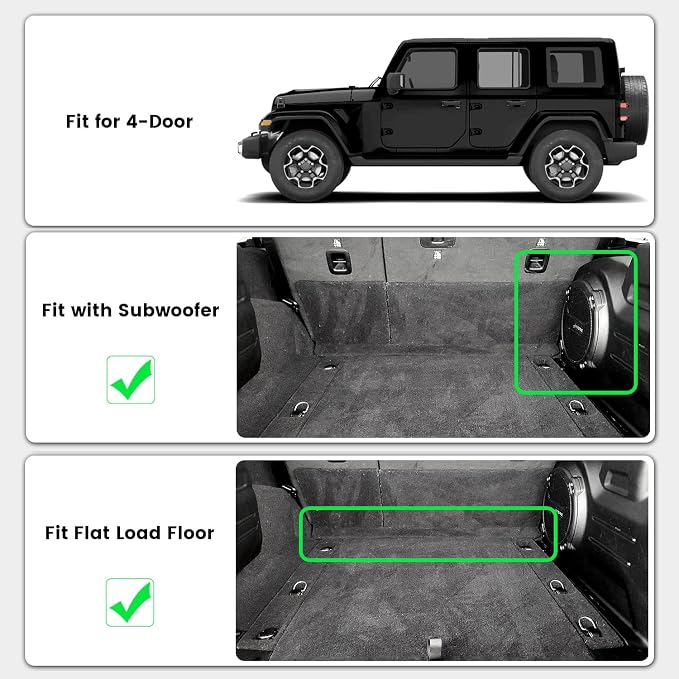 LASFIT Floor Mats & Trunk Mat for Jeep Wrangler JL 2018-2025 2026 4 Door Cargo with SUBWOOFER, All Weather TPE Custom Cargo Mat Fit for Flat Load Floor Gas Type (Not for JK/Not PHEV/Not 2-Door)