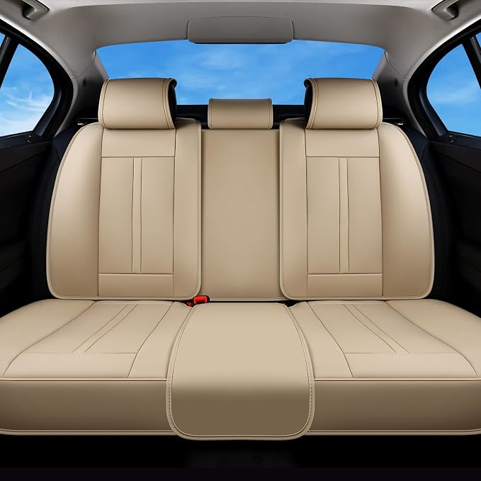 Huidasource Beige Back Seat Cover Luxury Nappa Leather, Rear Seat Cover with Velcro Adjustable, Ventilation Holes, Seat Belts, Child Seats, Car Back Seat Covers Fit for Most Cars SUV Trucks, Beige