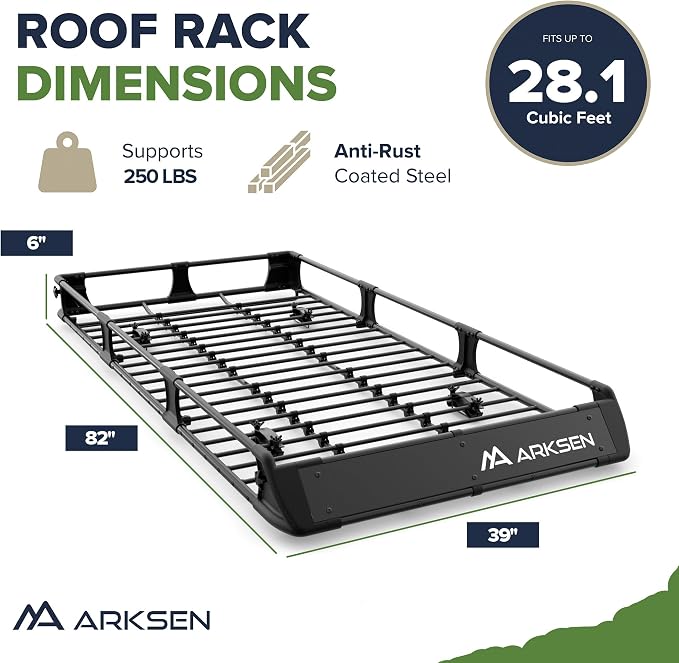 ARKSEN 2-in-1 Foldable Fairing Roof Rack Cargo Basket, 82" x 39" Heavy Duty Steel Rooftop Carrier w/Waterproof Bag, Net & Straps,250 lbs Max Load, Fits SUV Truck Pickup for Kayaks, Canoes & Luggage