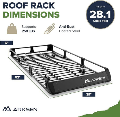 ARKSEN 2-in-1 Foldable Fairing Roof Rack Cargo Basket, 82" x 39" Heavy Duty Steel Rooftop Carrier w/Waterproof Bag, Net & Straps,250 lbs Max Load, Fits SUV Truck Pickup for Kayaks, Canoes & Luggage