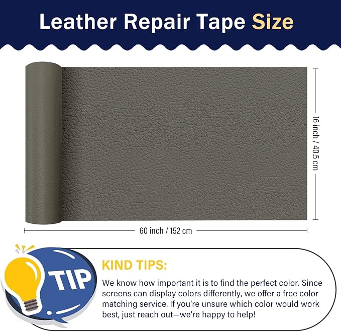 Zenyao Leather Repair Patch Tape - Self Adhesive Leather Repair Kit for Car Seat Furniture, Heavy Duty Vinyl Repair Patch for Couch Sofa, Waterproof Fix for Tears, 16x60 Inch Roll, Light Grey