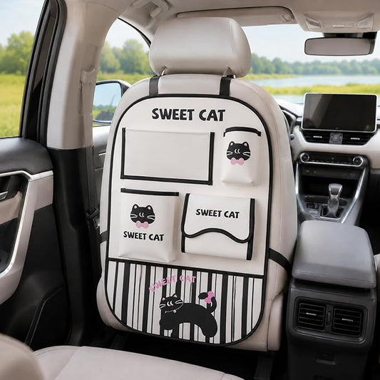 YUNZLAN Leather Backseat Car Organizer, Kick Mats Back Seat Protector with Touch Screen Tablet Holder Back Seat Organizer for Kids with 4 Storage Pockets Travel Accessories (BeigeBlackCat)