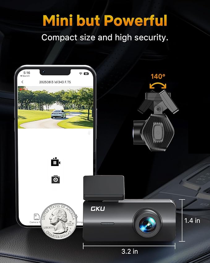GKU 4K Dash Cam Front, Mini DashCam Includes 64GB Card, Dash Camera Built-in WiFi, 24H Parking Monitor,Night Vision,WDR,170° Wide Angle,Loop Recording,G-Sensor, (Black)