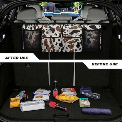 Large Capacity Car Backseat Trunk Organizer with Adjustable Straps Black Hanging Brown Cow Spots Trunk Storage Bag