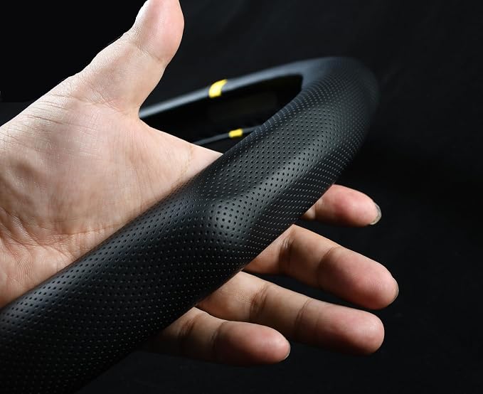 Quick Install Sporty Perforated Nappa Leather Steering Wheel Cover with Yellow Stripe Universal fit 14½" to 15" Car SUV Pickup 14.5 to 15 inches Napa