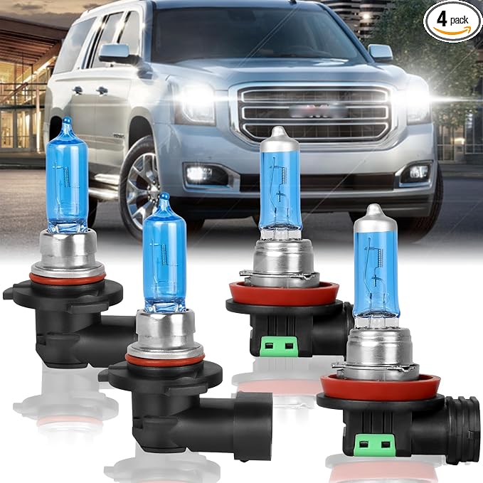 Fit for GMC Yukon 2015 2016 2017 2018 2019 High Performance Halogen Headlight Bulbs,9005 High Beam + H11 Low Beam Headlamp Replacement Bulbs Kit, Plug and Play,Pack of 4