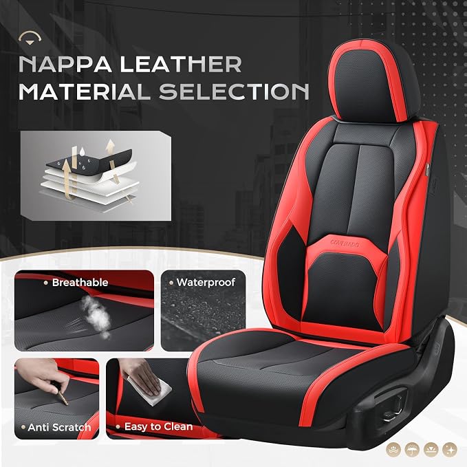 Coverado Leather Seat Covers Full Set, Black and Red Leather Car Seat Cover, Waterproof Car Seat Protector with Lumbar Support, Automotive Seat Covers Universal Fit for Most Cars SUV Truck
