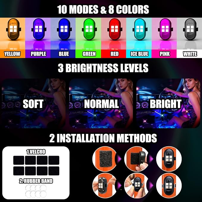 Upgraded Wireless LED Lights for Car, Rechargeable Interior Car Lights with 8 Colors Brightness Adjustable, 12H Battery Life, Remote Control, Mini Strobe Lights for Vehicle Motorcycle Bike Decor