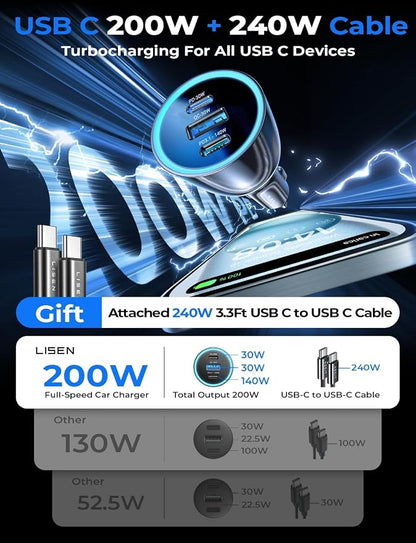 LISEN 200W Car Charger USB C Fast Charge [GaN] PD 140W Fast Car Charger USB C, Cigarette Lighter Adapter for Multi Device, for iPhone 17 16 15 14 13 12, MacBook Pro, Laptop, iPad, Samsung S26 S25