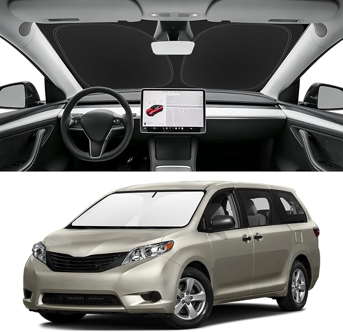 Custom Fit Windshield Sun Shade for Toyota Sienna 2011-2020 L, LE, SE, XLE, Limited Premium, Blocks UV & Heat, Front Window Sunshade Accessories, Easy Fold & Store Keep Your Car Cooler